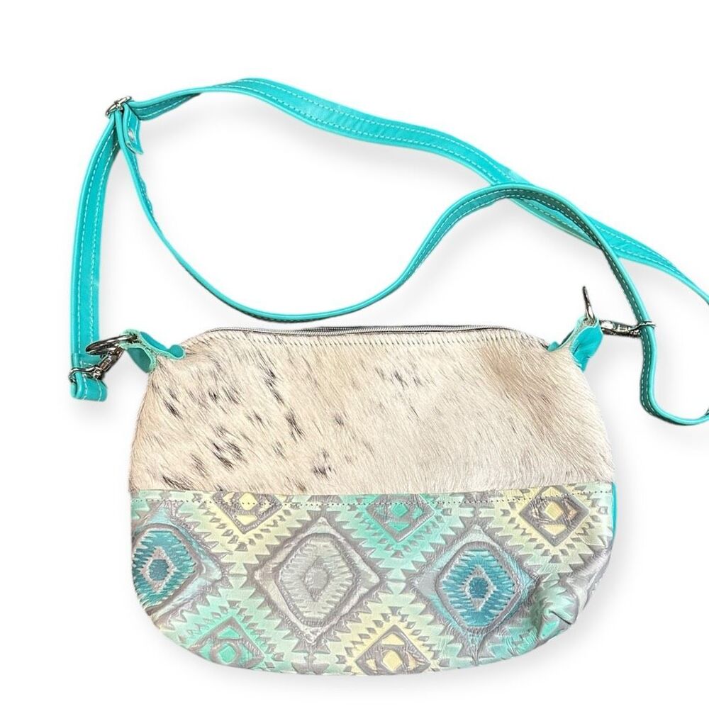 DANCING CACTUS DESIGNS Women’s Turquoise Leather Cowhide Aztec Crossbody Bag